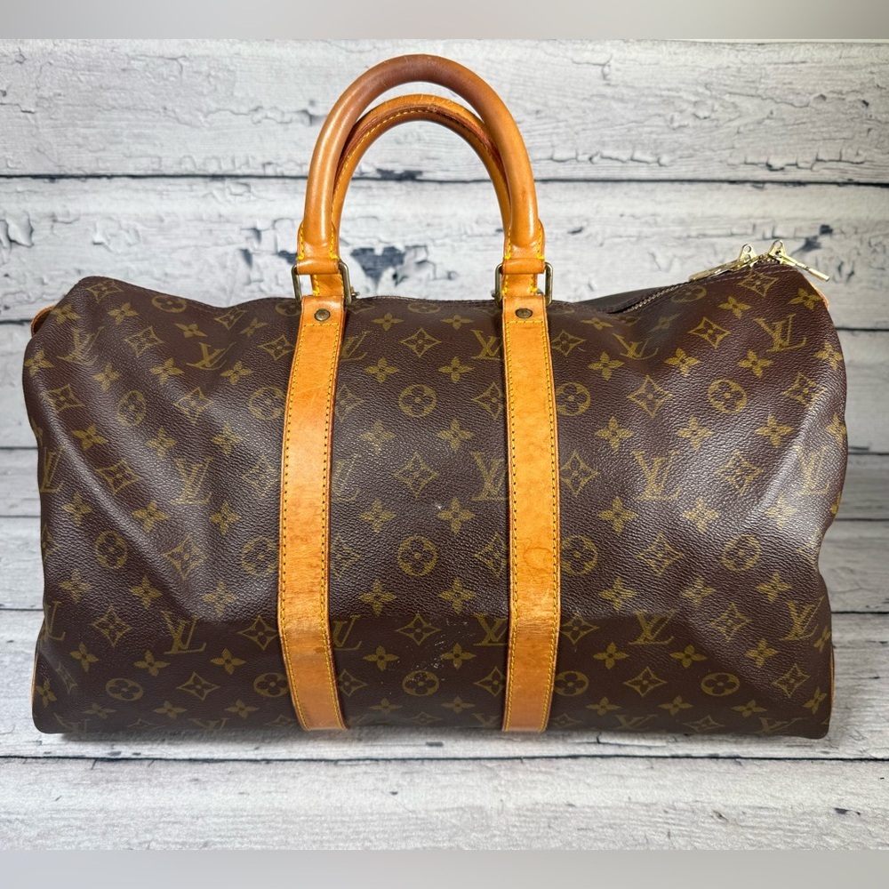 Louis Vuitton Keepall 45 brown monogram canvas leather travel duffle bag